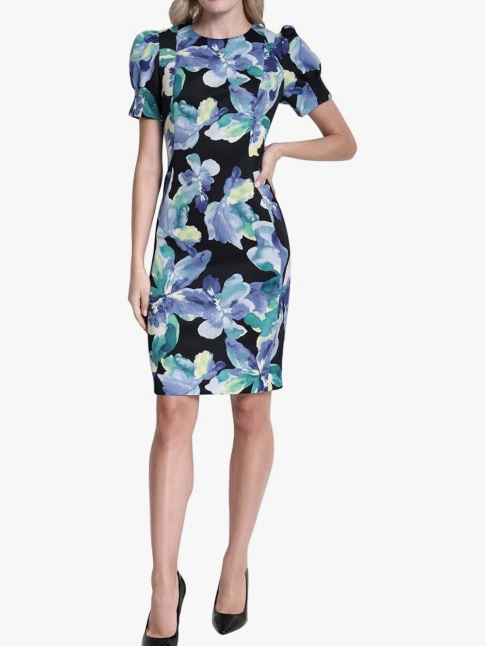 DKNY Black Floral Midi Dress with Blue & Teal Print